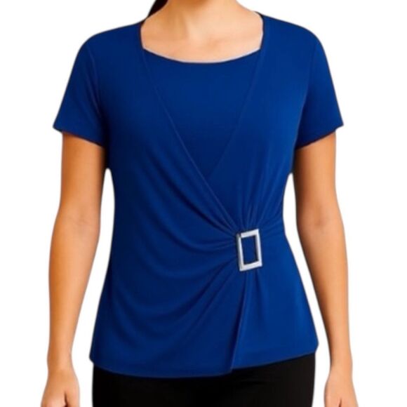 Royal Blue Wrap Blouse Embellished Buckle Size M Jason Maxwell - Picture 1 of 9